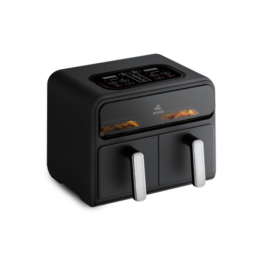 قلاية هوائية من إيڤولي  بسعة 9 لتر مع 9 برامج مسبقة الإعداد، تصميم سلة مزدوجة ونافذة شفافة لمراقبة الطعام | 2400 واط.