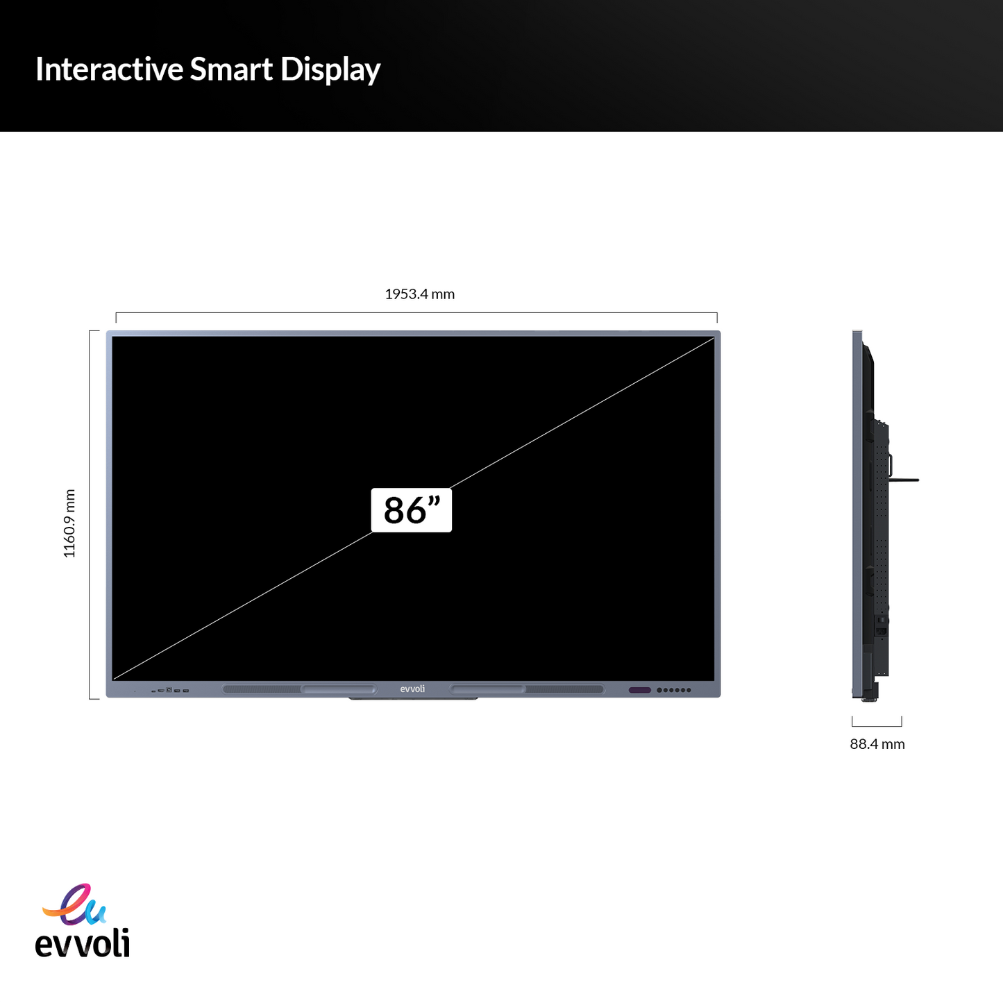 شاشة تلفاز إيڤولي الذكية التفاعلية بدقة 4K UHD بحجم 86 بوصة مع ستاند LED، نظام Android 13، دعم 40 نقطة لمس، مدى ليزر يصل إلى 10 أمتار