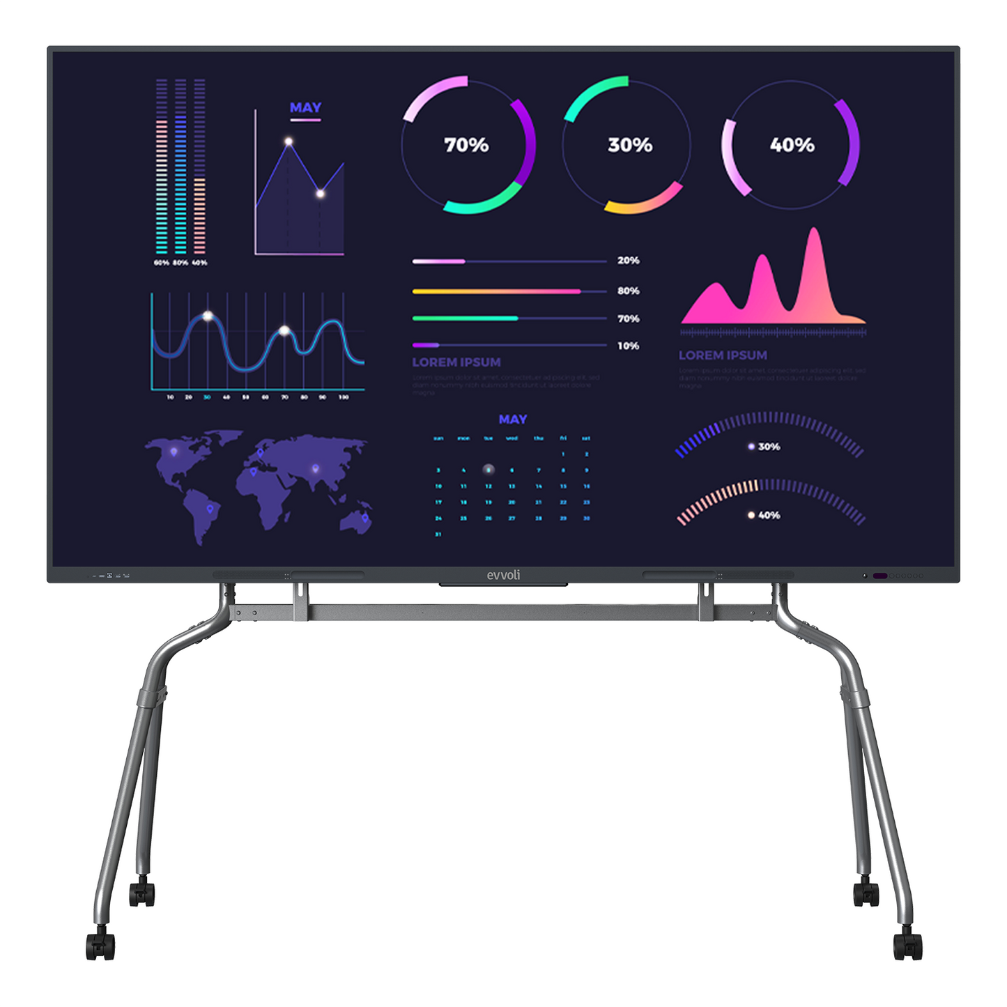 تلفزيون ذكي تفاعلي Evoli 4K UHD مع حامل LED، Android 13، يدعم 40 نقطة لمس، نطاق ليزر يصل إلى 10 أمتار