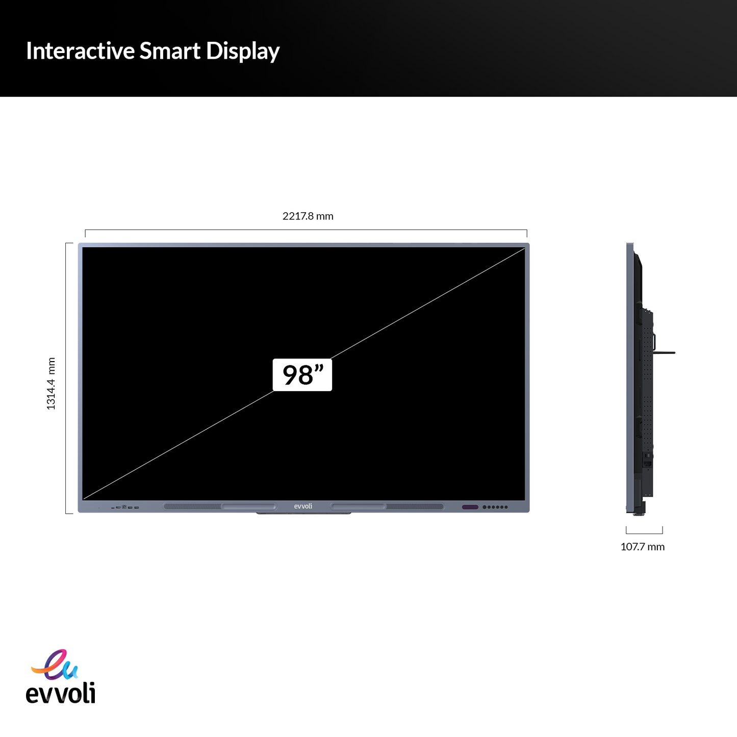شاشة تلفاز إيڤولي الذكية التفاعلية بدقة 4K UHD بحجم 98 بوصة مع ستاند LED، نظام Android 13، دعم 40 نقطة لمس، مدى ليزر يصل إلى 10 أمتار