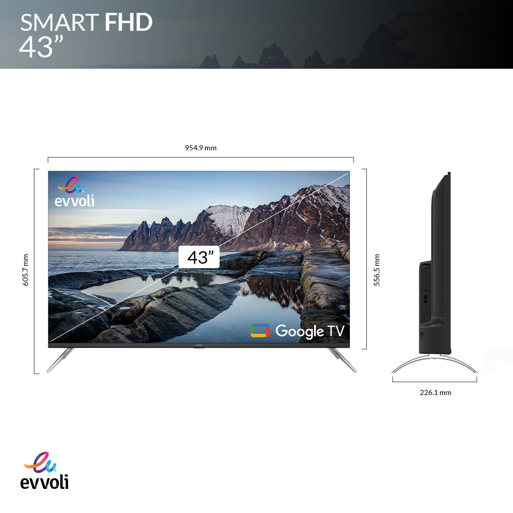 شاشة تلفاز ذكية من إيڤولي بحجم 43 بوصة، بنظام Google، بدقة FHD LED مع Dolby Atmos | 43EV200DG